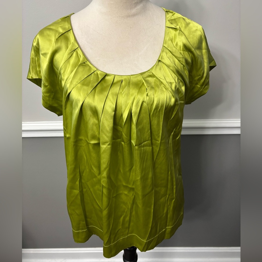 DKNY Silk Pleated Scoop Neck Blouse - Chartreuse